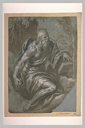 Saint Jérôme assis devant un livre et un crucifix et tenant une pierre_0