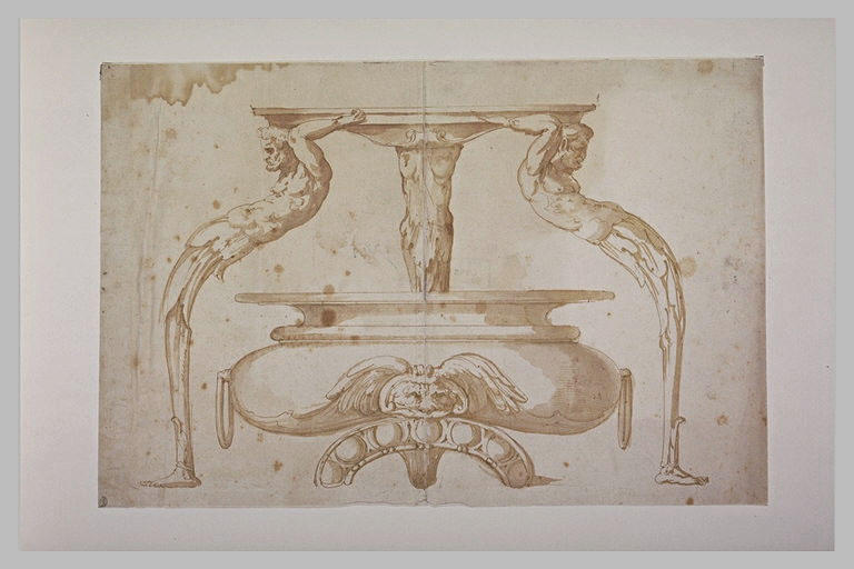 Etude de vase, et d'ornements avec trois termes coubés soutenant une vasque_0