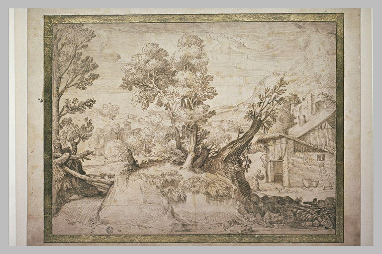 Paysage avec un tertre surmonté d'arbres, près d'une église et d'une maison_0