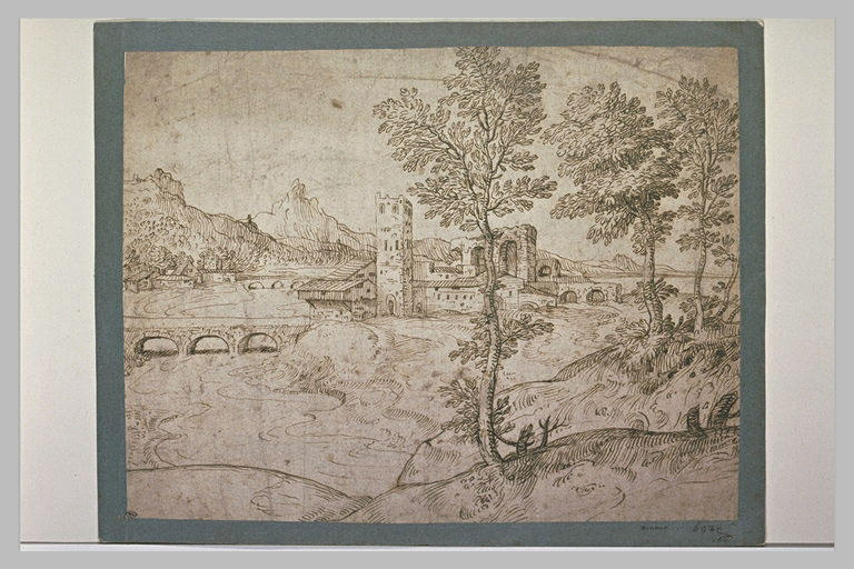 Paysage une tour carré dominant une rivière traversée par deux ponts_0