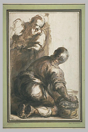 Homme accroupi sur un vase se retournant vers un vieillard et tête de femme_0