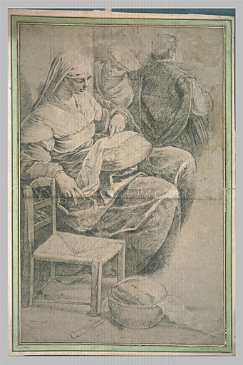 Femme assise, cousant, avec deux autres personnages_0