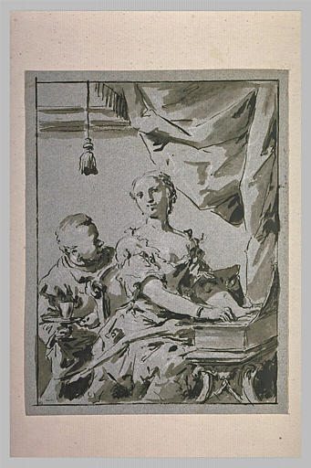 Femme jouant du clavecin et domestique apportant un verre d'eau_0