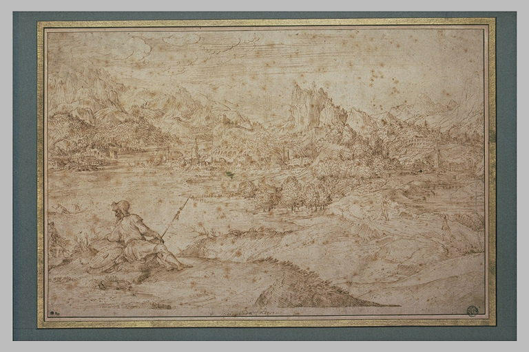 Paysage montagneux avec une ville au bord d'un fleuve et un guerrier assis_0