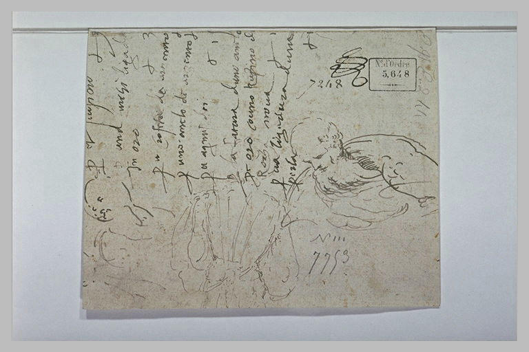 Texte manuscrit et croquis de demi-figures d'hommes dont un vu de dos_0