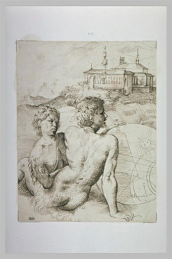Deux faunes assis dans un paysage, tenant une carte du ciel_0