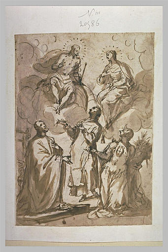 Trois figures adorant la Vierge et le Christ assis sur des nuages_0