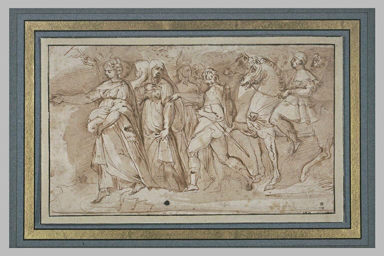 Femmes en robes longues suivies par des hommes armés et des cavaliers_0
