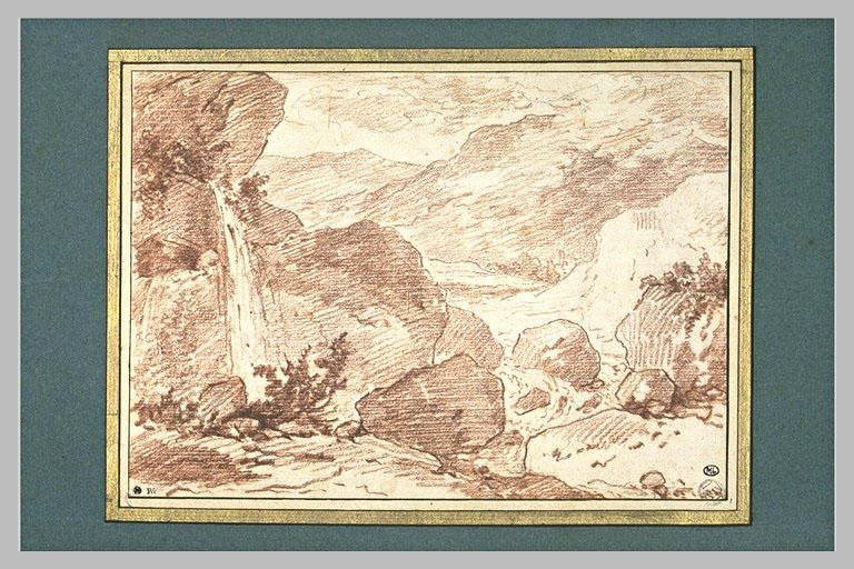 Etude de rochers et brousailles avec une chute d'eau, à gauche_0