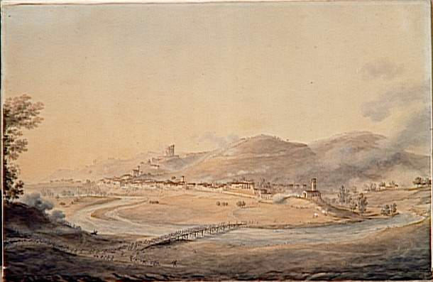 Vue des hauteurs de Saint-Michel le 19 avril 1796 ; Deuxième vue du combat de Saint-Michel, les français enlèvent le village , vue des hauteurs 19 avril 1796 (autre titre)_0