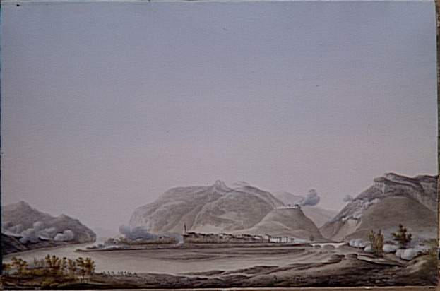 Vue de Caliano sur l'Adige le 4 septembre 1796 ; Vue du Château de la Piétra, au-dessus du village de Caliano dans la vallée de l'Adige. La division du général Masséna enlève le château le 4 septembre 1796 (autre titre)_0
