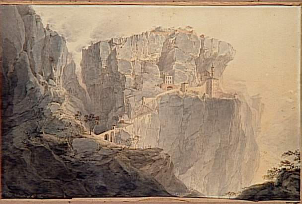 Vue de la Madonna della Corona le 14 janvier 1797 ; Vue du défilé de la Corona avec la chapelle de la Madona della Corona, où les autrichiens battus à Rivoli, passant sous le feu des français, 15 janvier 1797 (autre titre)_0