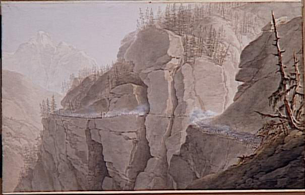 Vue du défilé fortifié de la Cluse dans la vallée d'Aoste le 16 mai 1800 ; Les Français forcent l'ennemi à abandonner le défilé fortifié de La Clusse dans la vallée d'Aoste le 21 mai 1800 (autre titre)_0