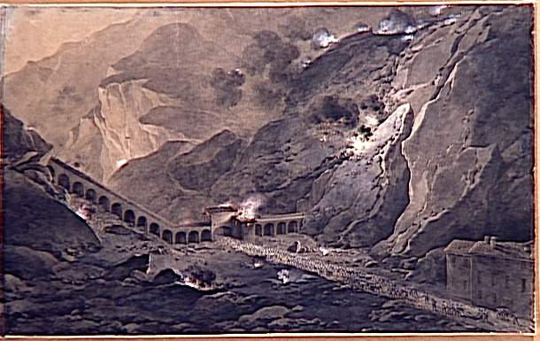 Vue du fort de Bard le 21 mai 1800 ; Passage de l'artillerie française, de nuit, sous le fort de Bard, occupé par les autrichiens le 21 mai 1800 (autre titre)_0