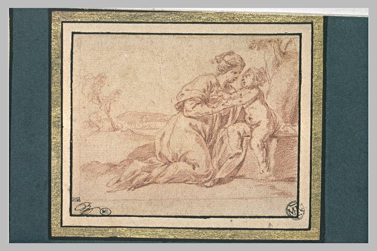 La Vierge à genoux prenant l'Enfant Jésus assis au pied d'un arbre_0