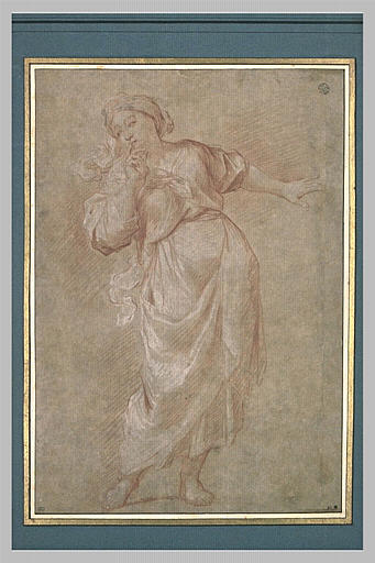 Etude de femme debout, portant une main à la bouche_0