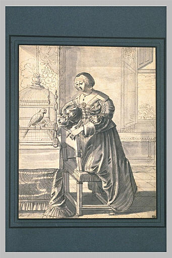 Portrait de femme agenouillée sur une chaise soignant un perroquet en cage_0