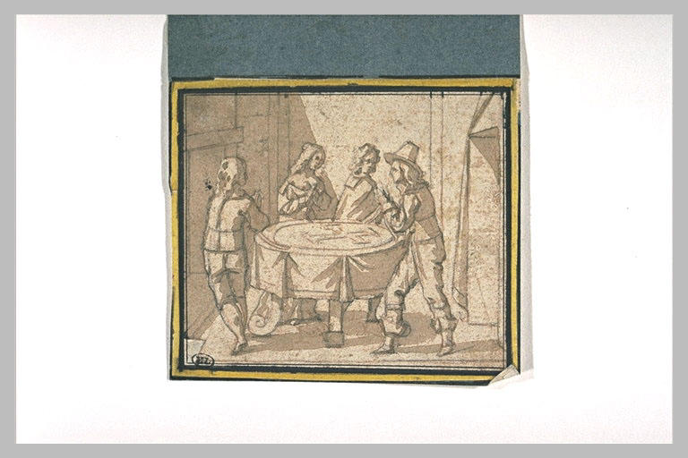 Personnages autour d'une table recouverte d'un tapis orné d'une croix maltée_0