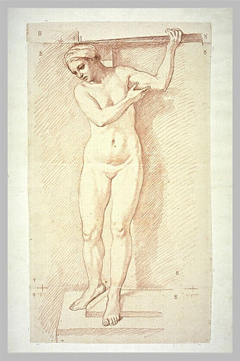 Femme nue, debout, vue de face, regardant à gauche et en bas_0