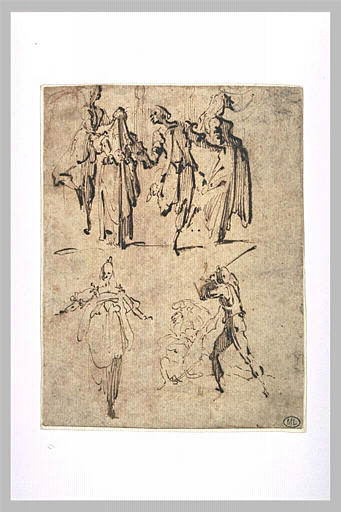 Rondee de danseurs grotesques ; scène de meurtre ; femme vue de face_0