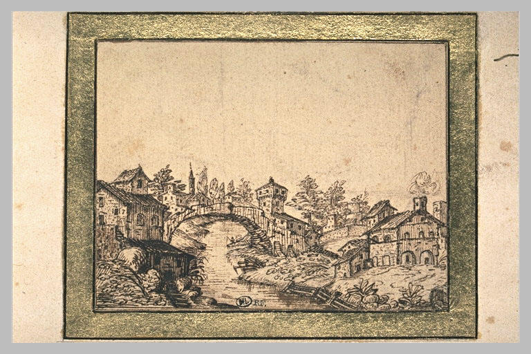 Village avec un pont enjambant une rivière_0