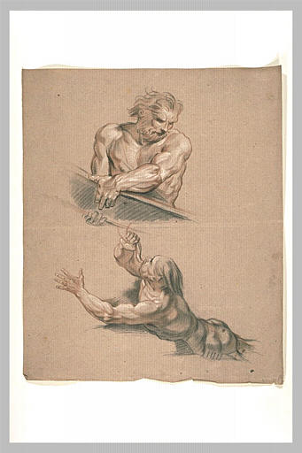 Homme, vu en buste, portant une pièce de bois ; un triton_0
