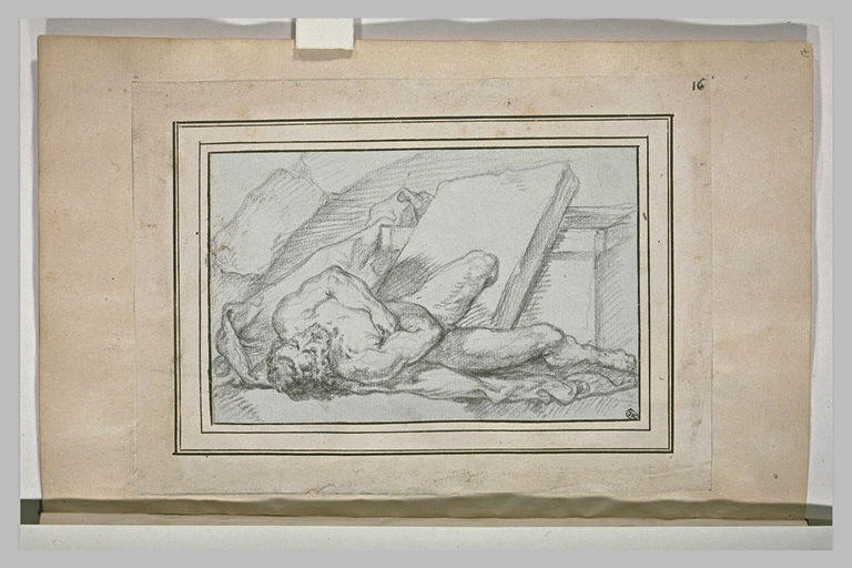 Homme nu, étendu sur le dos, à terre, en raccourci_0