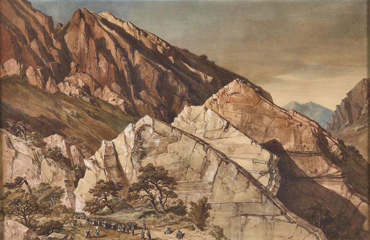 Les soldats atteignent la seconde muraille calcaire des Portes de Fer ; Arrivée du 17e régiment d'infanterie légère à l'entrée de la seconde muraille des Portes de Fer dans les gorges de la chaîne des Bibans prés de Constantine le 28 octobre 1839 (autre titre), Adrien Dauzats, 1840