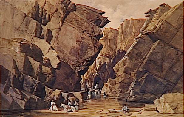 Troisième muraille des Portes de Fer ; Les chasseurs du 3e régiment et les soldats du 2e léger descendant l'oued Chebba à la 3e muraille du défilé des 'Bidan' ou Portes de Fer le 28 octobre 1839 (autre titre), Adrien Dauzats, 1840