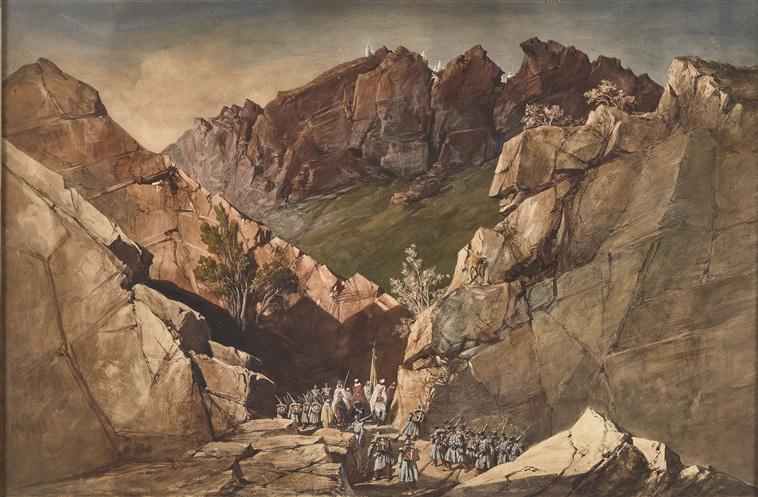 Fin du défilé des Portes de Fer ; Episode de la conquête de l'Algérie, 1839. 'Sortie du défilé des Bidan' ou 'Portes de Fer' le 28 octobre .Marche du corps expéditionnaire français de Constantine à Alger à travers l'Atlas (autre titre)_0