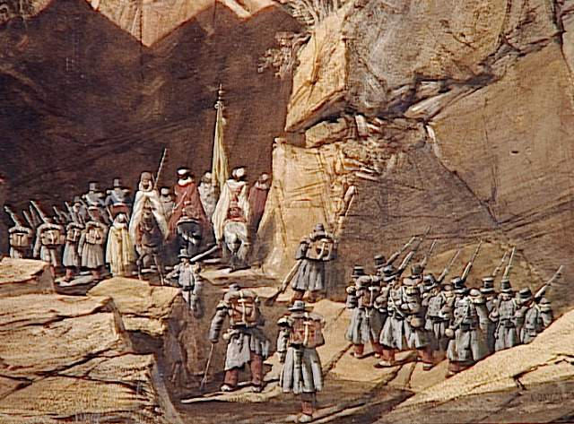 Fin du défilé des Portes de Fer ; Episode de la conquête de l'Algérie, 1839. 'Sortie du défilé des Bidan' ou 'Portes de Fer' le 28 octobre .Marche du corps expéditionnaire français de Constantine à Alger à travers l'Atlas (autre titre)_1