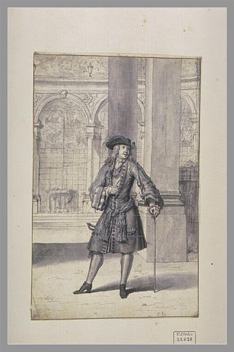 Un seigneur de la cour debout, une canne dans la main gauche_0