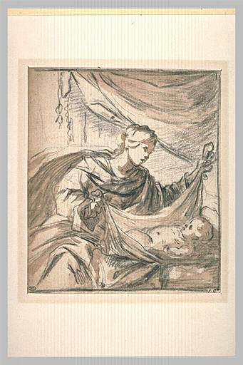 La Vierge assise soulève le voile qui couvre l'Enfant_0