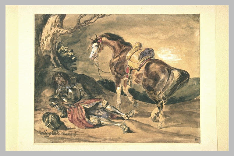 Chevalier en armure du moyen-age au pied d'un arbre_0