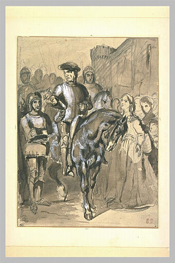 Duguesclin à cheval, entouré de soldats et de femmes, près d'un château-fort_0