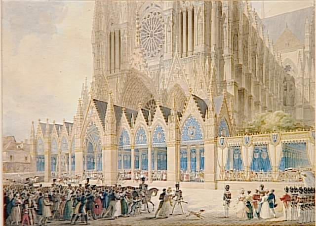 Sortie de Charles X de la cathédrale de Reims ; Sacre de Charles X dans l'église métropolitaine de Reims le 29 mai 1825 Vue prise du parvis de la Procession conduisant le Roi du Palais abbatial après son sacre (autre titre)_0