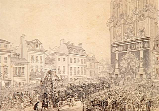 Translation du corps de Monseigneur le prince de Condé en 1818 ; Arrivée devant l'abbaye royale de Saint-Denis du convoi funèbre du Prince de Condé, le 26 mai 1818 (autre titre)_0