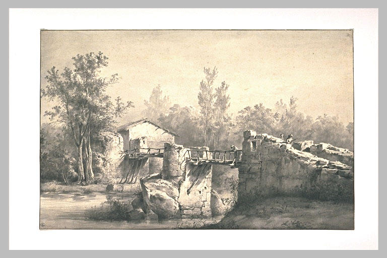 Paysage : passerelle jetée sur les piles d'un pont en ruines_0