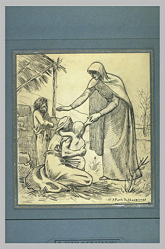 Femme se penchant vers trois miséreux_0