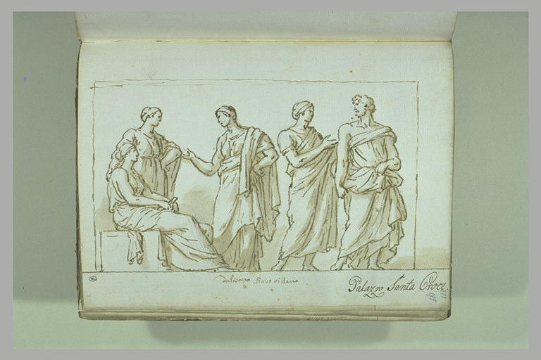 Trois femmes drapées en conversation, l'une d'elles assise, et, à droite,..._0