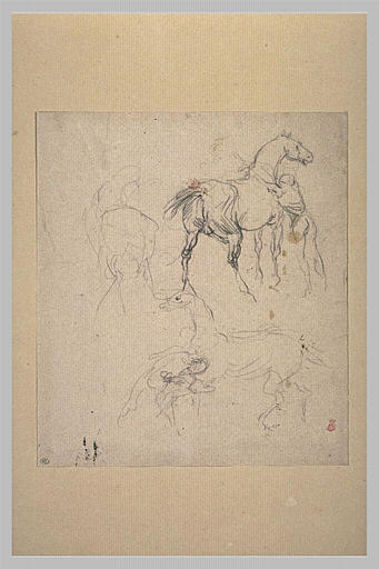 Etudes de palefreniers harnachant un cheval_0