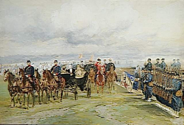 Revue passée à Châlons le 9 octobre 1896 par le tsar et Félix Faure ; Visite officielle du Tsar Nicolas II en France en 1896. Revue passée à Châlon-sur-Marne par le Président Félix Faure, le Tsar et la Tsarine, le 9 octobre 1896 (autre titre)_0