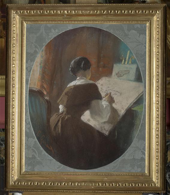 Intérieur d'atelier. Jeune femme dessinant : Melle Abbatucci ?, Pierre François Eugène Giraud, 19e siècle