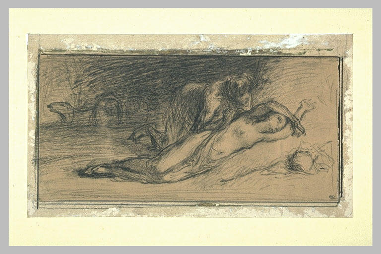 Femme à moitié nue, étendue au pied d'une meule_0