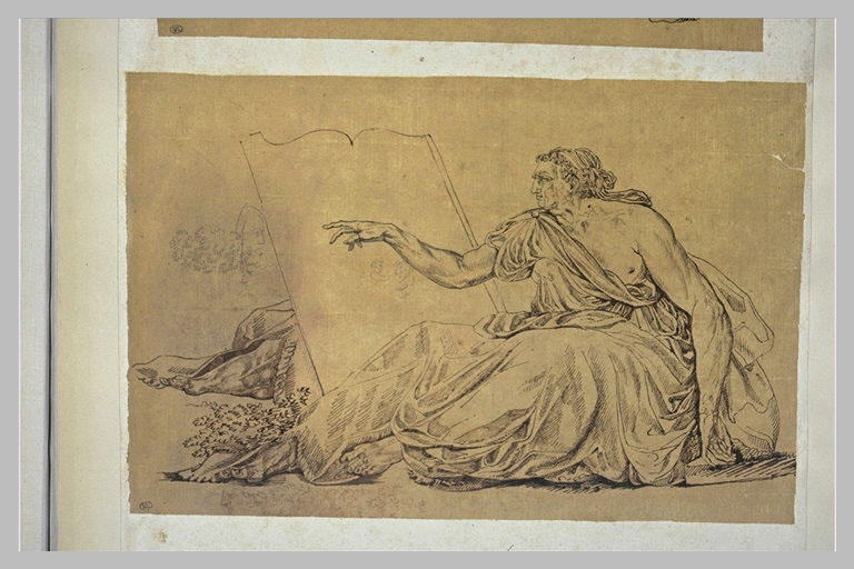 Femme assise, pointant son doigt sur une stèle_0