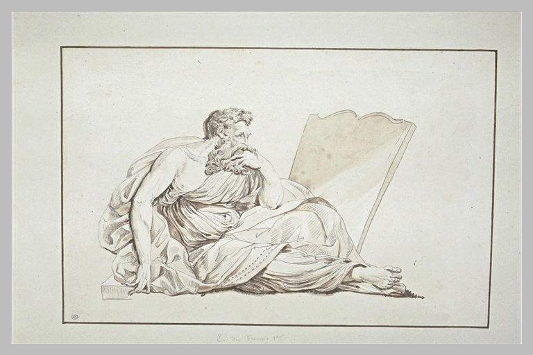 Homme assis devant une stèle, de profil, dans une attitude pensive_0