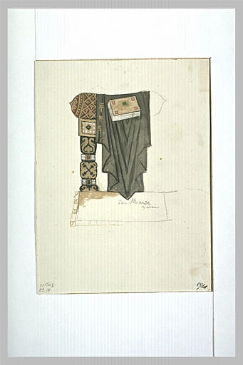 Relevé d'un fragment de mosaïque : un trône, une draperie et un livre_0