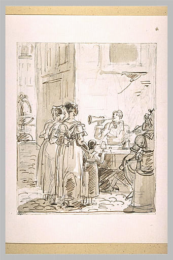 Personnages devant un camelot, dans une rue_0