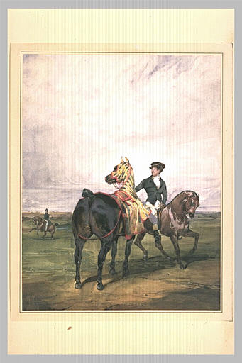 Garçon à cheval emmenant un cheval caparaçonné de bleu, jaune, rouge_0