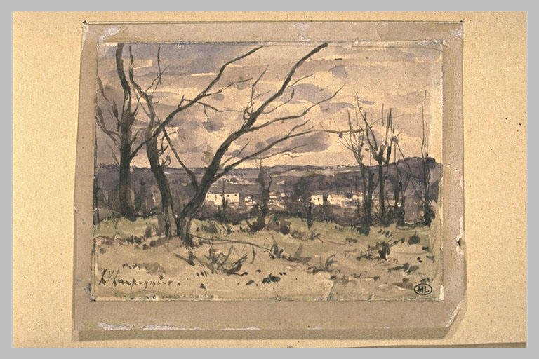 Vue d'un village depuis une colline boisée, en hiver_0